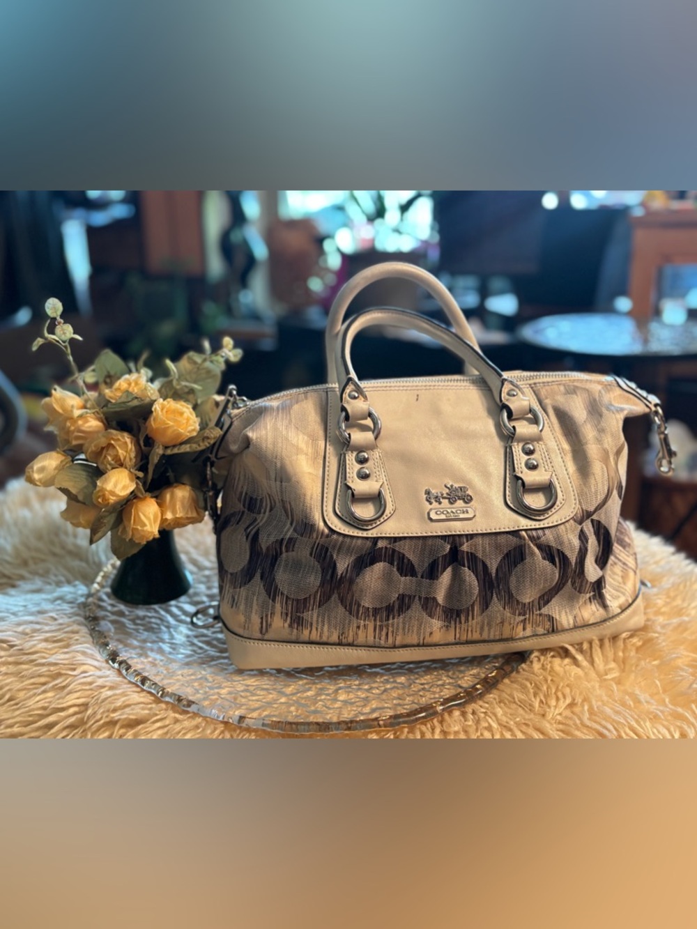 Coach Signature Satchel Ivory Cream Monogram Canvas Leather Trim Top Handle Bag